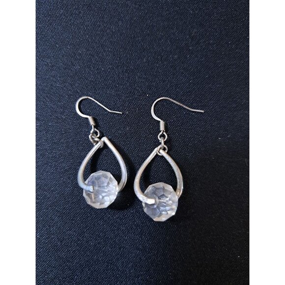 Sterling Silver Teardrop Dangle Earrings With Clear Glass Beads - Picture 1 of 5